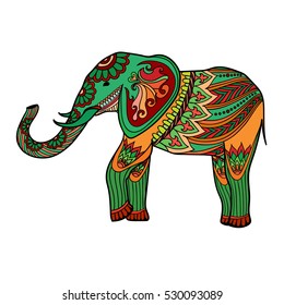 Indian elephant in traditional asian style. Ornate elephant in color stylized design for print, cerds, invitations, t-shirt design etc. Hand drawn vector illustration.
