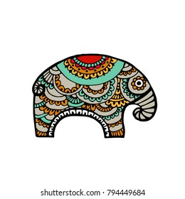 Indian elephant in traditional asian style. Ornate elephant on lace background for coloring page design, t-shirt design etc. Hand drawn vector illustration.