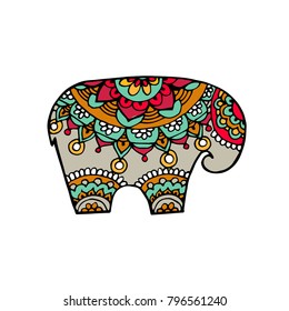 Indian elephant in traditional asian style. Ornate elephant on lace background for coloring page design, t-shirt design etc. Hand drawn vector illustration.