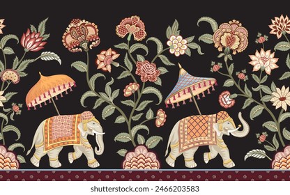 Indian elephant, umbrella, flowers, leaves seamless border. Oriental floral wallpaper.	