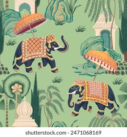 Indian elephant with umbrella, palm trees, stone and architecture seamless pattern. Oriental vintage wallpaper