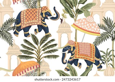 Indian elephant with umbrella, palm trees and architecture seamless pattern. Oriental vintage wallpaper