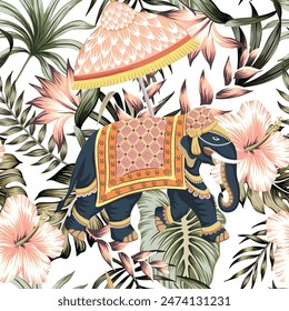 Indian elephant with umbrella, tropical palm leaves and pink flowers seamless pattern. Jungle vintage wallpaper.