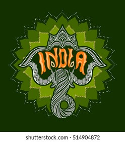 Indian elephant with the word India.
Vector illustration. Indian elephant in the background of mandalas.