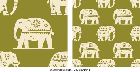 Indian Elephants Cute Animal India Motif Green Seamless Pattern Vector Illustration