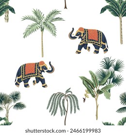 Eelefantes indios con palmas patrón sin costuras. Fondo de pantalla oriental.