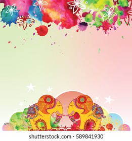 Indian elephants, pattern, watercolor blots. Background.