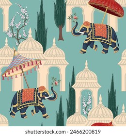 Indian elephants with umbrella and architecture seamless pattern. Garden wallpaper.