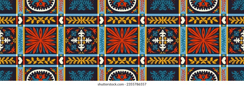 Indian embroidery with flowers and leaves. Italian majolica tile. Ceramic dishes, folk print. Mexican Talavera. Portuguese azulejo, spanish patchwork. Damask floral background. Geometric ikat ornament