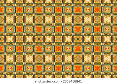 Indian embroidery with flowers and leaves. Italian majolica tile. Ceramic dishes, folk print. Mexican Talavera. Portuguese azulejo, spanish patchwork. Damask floral background. Geometric ikat ornament