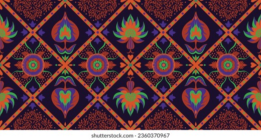 Indian embroidery with flowers and leaves. Italian majolica tile. Ceramic dishes, folk print. Mexican Talavera. Portuguese azulejo, spanish patchwork. Damask floral background. Geometric ikat ornament