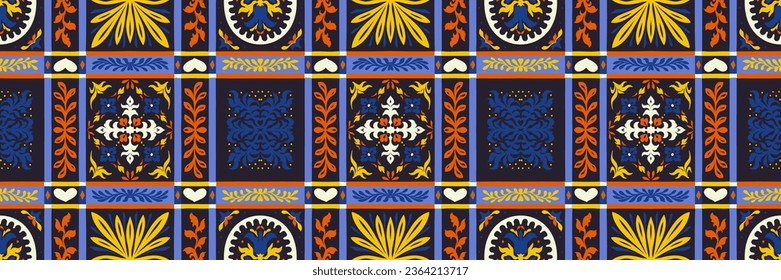 Indian embroidery with flowers and leaves. Italian majolica tile. Ceramic dishes, folk print. Mexican Talavera. Portuguese azulejo, spanish patchwork. Damask floral background. Geometric ikat ornament