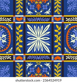 Indian embroidery with flowers and leaves. Italian majolica tile. Ceramic dishes, folk print. Mexican Talavera. Portuguese azulejo, spanish patchwork. Damask floral background. Geometric ikat ornament