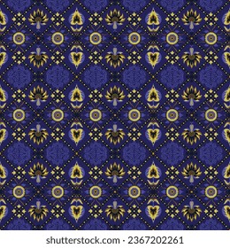 Indian embroidery with flowers and leaves. Italian majolica tile. Ceramic dishes, folk print. Mexican Talavera. Portuguese azulejo, spanish patchwork. Damask floral background. Geometric ikat ornament