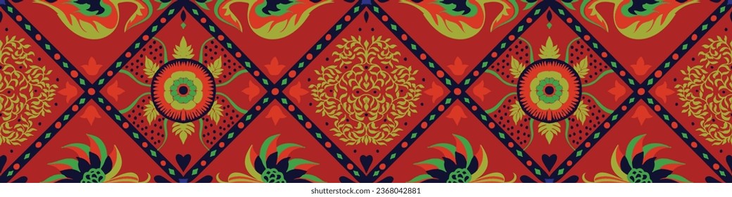 Indian embroidery with flowers and leaves. Italian majolica tile. Ceramic dishes, folk print. Mexican Talavera. Portuguese azulejo, spanish patchwork. Damask floral background. Geometric ikat ornament