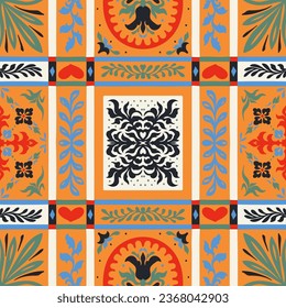 Indian embroidery with flowers and leaves. Italian majolica tile. Ceramic dishes, folk print. Mexican Talavera. Portuguese azulejo, spanish patchwork. Damask floral background. Geometric ikat ornament