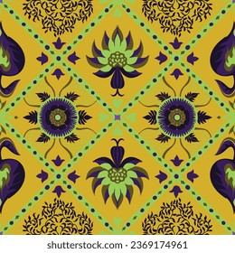 Indian embroidery with flowers and leaves. Italian majolica tile. Ceramic dishes, folk print. Mexican Talavera. Portuguese azulejo, spanish patchwork. Damask floral background. Geometric ikat ornament