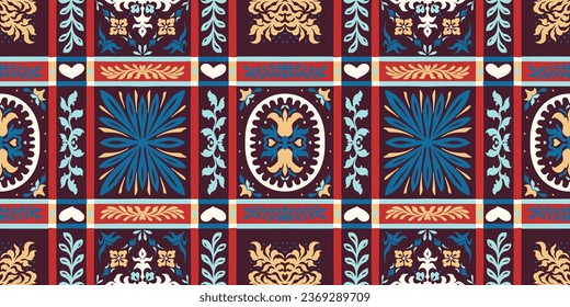 Indian embroidery with flowers and leaves. Italian majolica tile. Ceramic dishes, folk print. Mexican Talavera. Portuguese azulejo, spanish patchwork. Damask floral background. Geometric ikat ornament