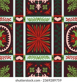 Indian embroidery with flowers and leaves. Italian majolica tile. Ceramic dishes, folk print. Mexican Talavera. Portuguese azulejo, spanish patchwork. Damask floral background. Geometric ikat ornament