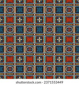 Indian embroidery with flowers and leaves. Italian majolica tile. Ceramic dishes, folk print. Mexican Talavera. Portuguese azulejo, spanish patchwork. Damask floral background. Geometric ikat ornament