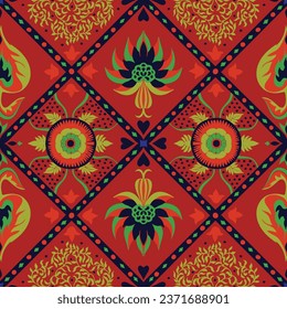 Indian embroidery with flowers and leaves. Italian majolica tile. Ceramic dishes, folk print. Mexican Talavera. Portuguese azulejo, spanish patchwork. Damask floral background. Geometric ikat ornament