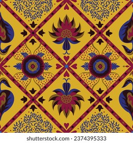 Indian embroidery with flowers and leaves. Italian majolica tile. Ceramic dishes, folk print. Mexican Talavera. Portuguese azulejo, spanish patchwork. Damask floral background. Hand drawn, not AI