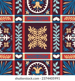 Indian embroidery with flowers and leaves. Italian majolica tile. Ceramic dishes, folk print. Mexican Talavera. Portuguese azulejo, spanish patchwork. Damask floral background. Hand drawn, not AI