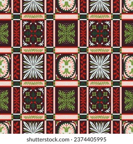 Indian embroidery with flowers and leaves. Italian majolica tile. Ceramic dishes, folk print. Mexican Talavera. Portuguese azulejo, spanish patchwork. Damask floral background. Hand drawn, not AI