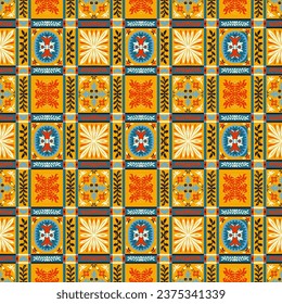 Indian embroidery with flowers and leaves. Italian majolica tile. Ceramic dishes, folk print. Mexican Talavera. Portuguese azulejo, spanish patchwork. Damask floral background. Hand drawn, not AI