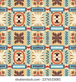 Indian embroidery with flowers and leaves. Italian majolica tile. Ceramic dishes, folk print. Mexican Talavera. Portuguese azulejo, spanish patchwork. Damask floral background. Geometric ikat ornament