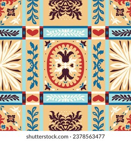Indian embroidery with flowers and leaves. Italian majolica tile. Ceramic dishes, folk print. Mexican Talavera. Portuguese azulejo, spanish patchwork. Damask floral background. Hand drawn, not AI