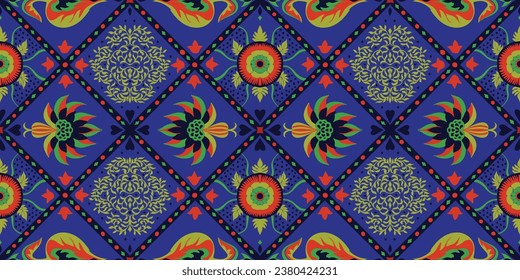 Indian embroidery with flowers and leaves. Italian majolica tile. Ceramic dishes, folk print. Mexican Talavera. Portuguese azulejo, spanish patchwork. Damask floral background. Hand drawn, not AI