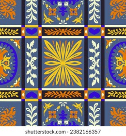 Indian embroidery with flowers and leaves. Italian majolica tile. Ceramic dishes, folk print. Mexican Talavera. Portuguese azulejo, spanish patchwork. Damask floral background. Hand drawn, not AI