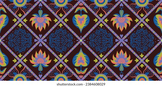 Indian embroidery with flowers and leaves. Italian majolica tile. Ceramic dishes, folk print. Mexican Talavera. Portuguese azulejo, spanish patchwork. Damask floral background. Hand drawn, not AI