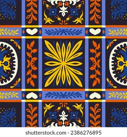 Indian embroidery with flowers and leaves. Italian majolica tile. Ceramic dishes, folk print. Mexican Talavera. Portuguese azulejo, spanish patchwork. Damask floral background. Hand drawn, not AI