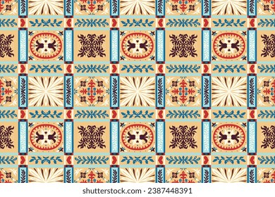 Indian embroidery with flowers and leaves. Italian majolica tile. Ceramic dishes, folk print. Mexican Talavera. Portuguese azulejo, spanish patchwork. Damask floral background. Hand drawn, not AI