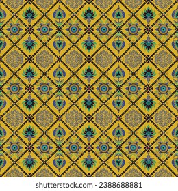 Indian embroidery with flowers and leaves. Italian majolica tile. Ceramic dishes, folk print. Mexican Talavera. Portuguese azulejo, spanish patchwork. Damask floral background. Hand drawn, not AI