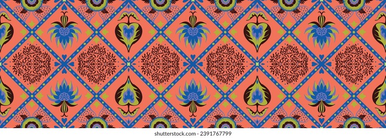 Indian embroidery with flowers and leaves. Italian majolica tile. Ceramic dishes, folk print. Mexican Talavera. Portuguese azulejo, spanish patchwork. Damask floral background. Hand drawn, not AI