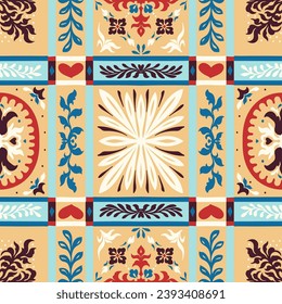 Indian embroidery with flowers and leaves. Italian majolica tile. Ceramic dishes, folk print. Mexican Talavera. Portuguese azulejo, spanish patchwork. Damask floral background. Hand drawn, not AI