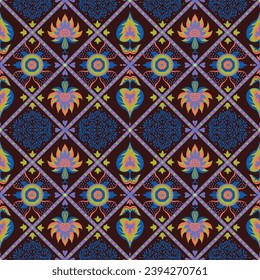 Indian embroidery with flowers and leaves. Italian majolica tile. Ceramic dishes, folk print. Mexican Talavera. Portuguese azulejo, spanish patchwork. Damask floral background. Hand drawn, not AI