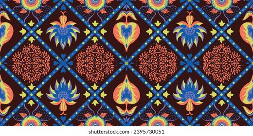 Indian embroidery with flowers and leaves. Italian majolica tile. Ceramic dishes, folk print. Mexican Talavera. Portuguese azulejo, spanish patchwork. Damask floral background. Hand drawn, not AI