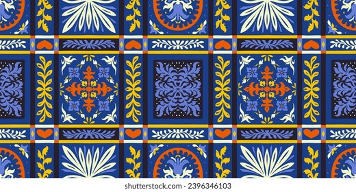 Indian embroidery with flowers and leaves. Italian majolica tile. Ceramic dishes, folk print. Mexican Talavera. Portuguese azulejo, spanish patchwork. Damask floral background. Hand drawn, not AI