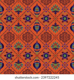 Indian embroidery with flowers and leaves. Italian majolica tile. Ceramic dishes, folk print. Mexican Talavera. Portuguese azulejo, spanish patchwork. Damask floral background. Hand drawn, not AI
