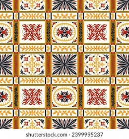 Indian embroidery with flowers and leaves. Italian majolica tile. Ceramic dishes, folk print. Mexican Talavera. Portuguese azulejo, spanish patchwork. Damask floral background. Hand drawn, not AI