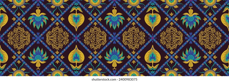 Indian embroidery with flowers and leaves. Italian majolica tile. Ceramic dishes, folk print. Mexican Talavera. Portuguese azulejo, spanish patchwork. Damask floral background. Hand drawn, not AI