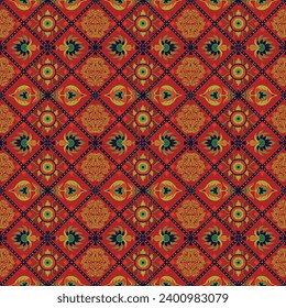 Indian embroidery with flowers and leaves. Italian majolica tile. Ceramic dishes, folk print. Mexican Talavera. Portuguese azulejo, spanish patchwork. Damask floral background. Hand drawn, not AI