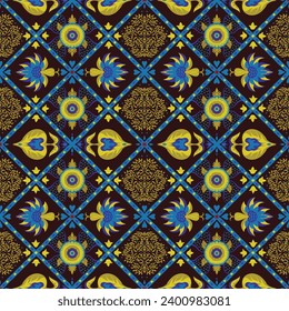 Indian embroidery with flowers and leaves. Italian majolica tile. Ceramic dishes, folk print. Mexican Talavera. Portuguese azulejo, spanish patchwork. Damask floral background. Hand drawn, not AI