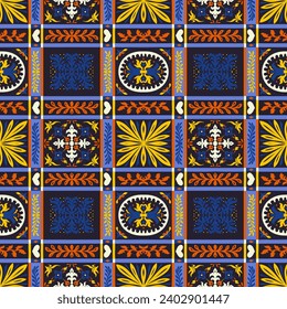 Indian embroidery with flowers and leaves. Italian majolica tile. Ceramic dishes, folk print. Mexican Talavera. Portuguese azulejo, spanish patchwork. Damask floral background. Hand drawn, not AI