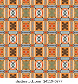 Indian embroidery with flowers and leaves. Italian majolica tile. Ceramic dishes, folk print. Mexican Talavera. Portuguese azulejo, spanish patchwork. Damask floral background. Hand drawn, not AI