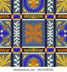 Indian embroidery with flowers and leaves. Italian majolica tile. Ceramic dishes, folk print. Mexican Talavera. Portuguese azulejo, spanish patchwork. Damask floral background. Hand drawn, not AI